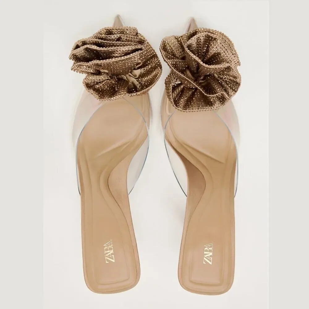 ZARA Floral Rosette Mule Heels NWT Pointed Toe Nude Vinyl Pumps Size 7.5 - Picture 12 of 16